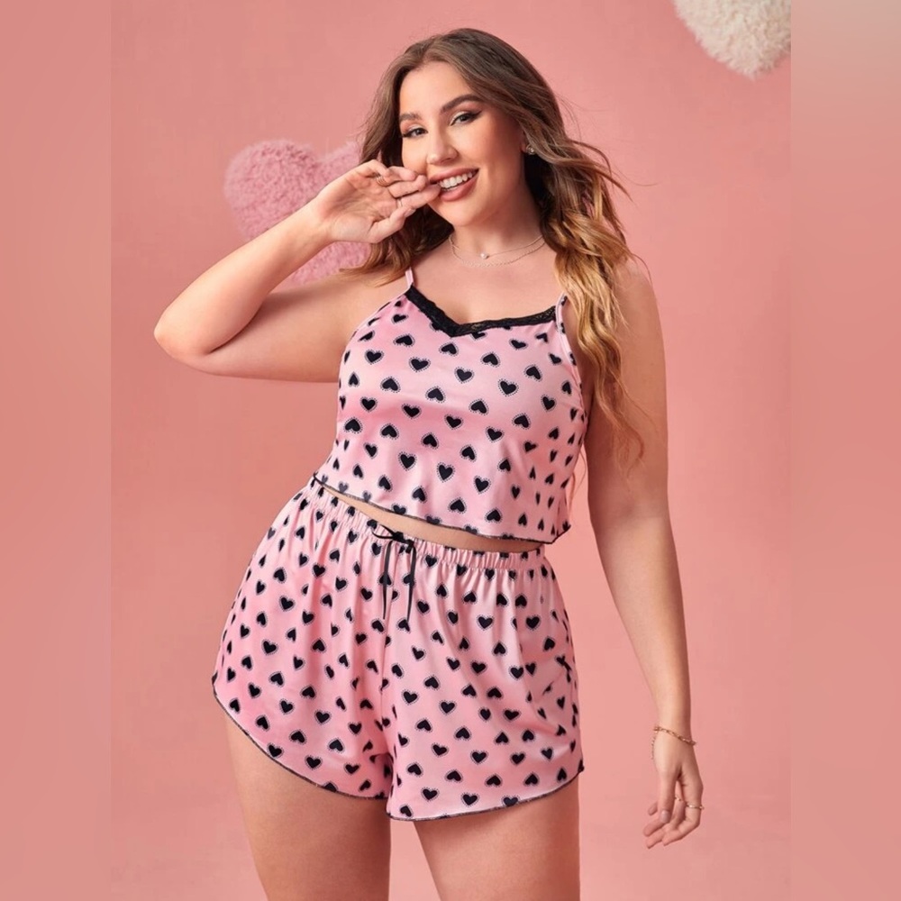Pink Heart Print Contrast Lace Sleepwear Set